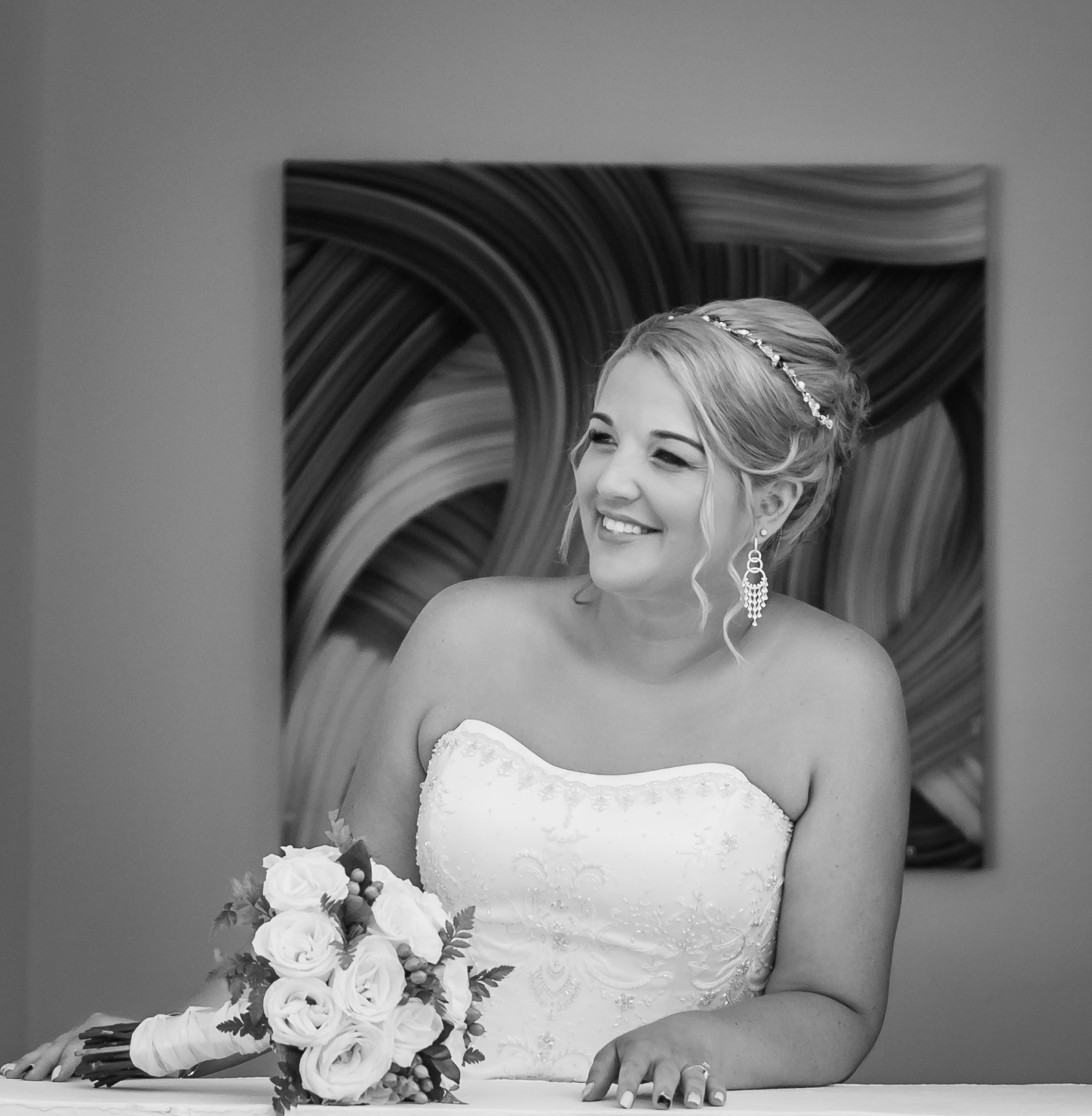 Black and White image of Bride with Rose Bouquet